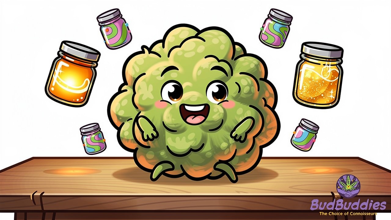 Illustration of cannabis flower bud and concentrate jars