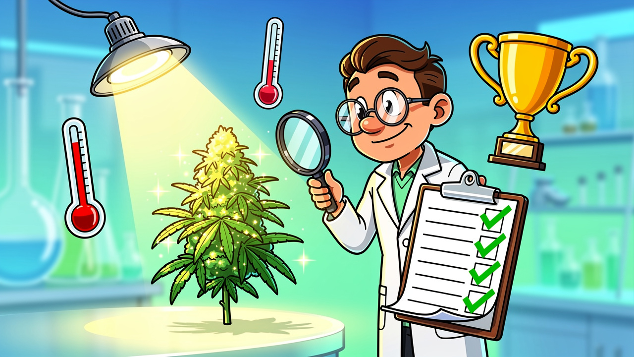 Cartoon scientist checking cannabis flower quality factors