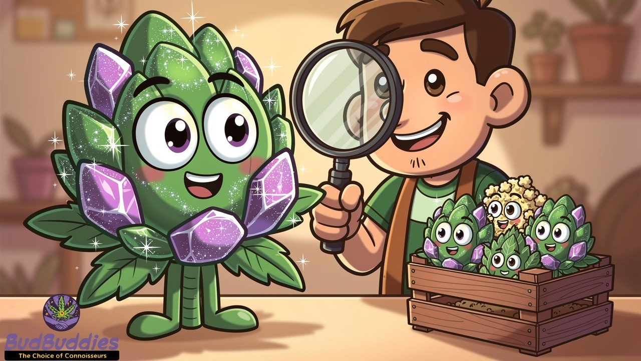 Cartoon gardener inspecting cannabis flower quality and density