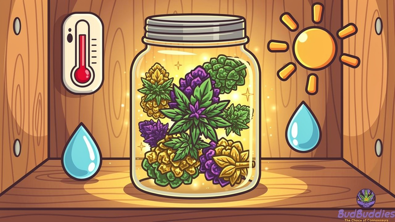 Cartoon illustration of proper cannabis storage in sealed container