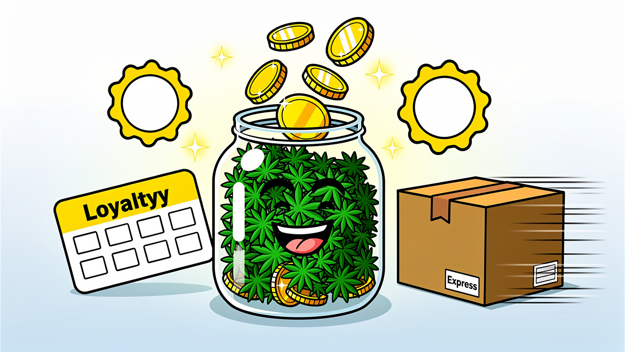 Cartoon showing cannabis flower savings tips and loyalty rewards