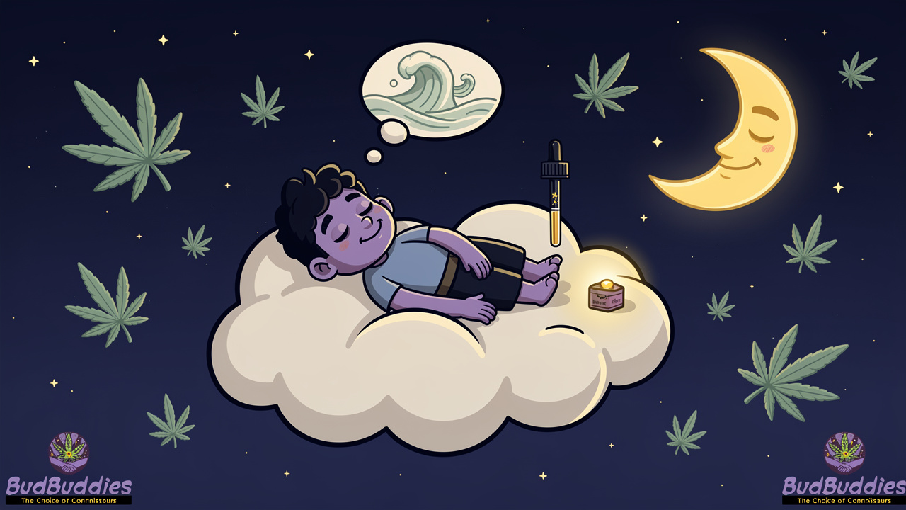 Cartoon character using cannabis for peaceful night-time calm