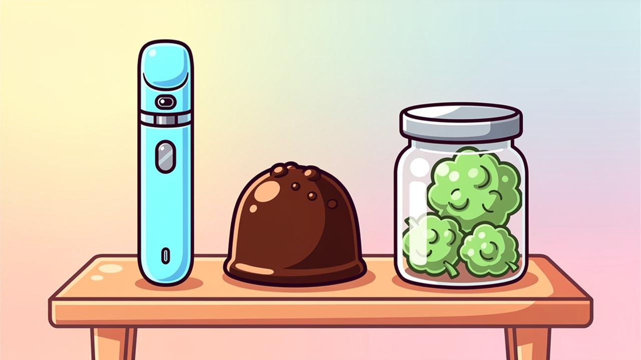 Cartoon showing vape pen edible and flower cannabis formats