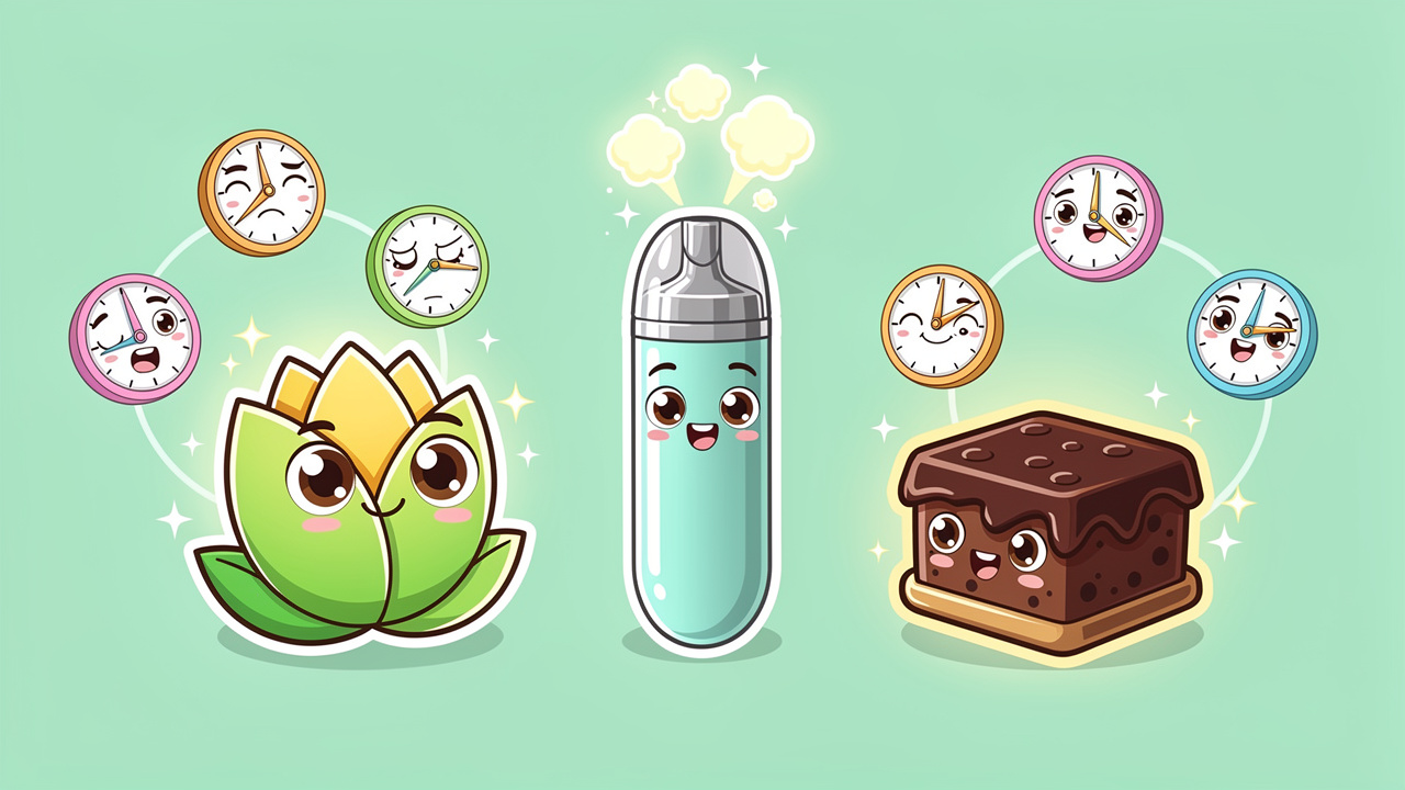 Cartoon showing flower vape and edible cannabis format comparison