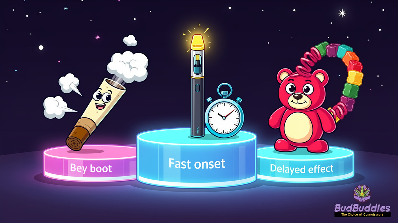 Cartoon comparison of cannabis formats for all-nighters