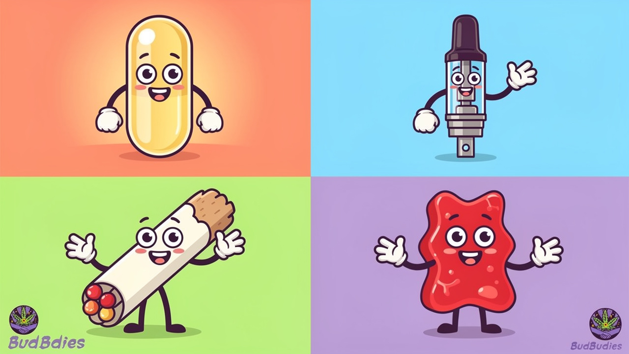 Cartoon comparison of cannabis formats including capsule vape flower and gummy