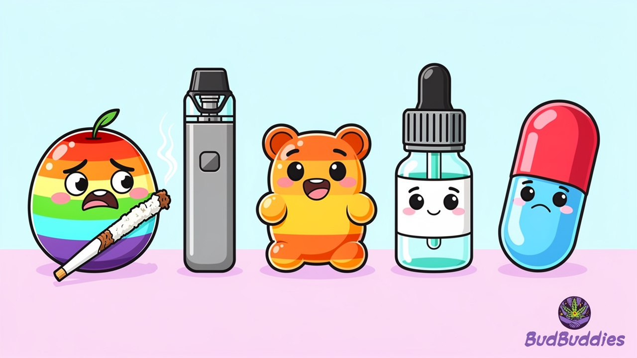Cartoon characters representing different cannabis consumption formats