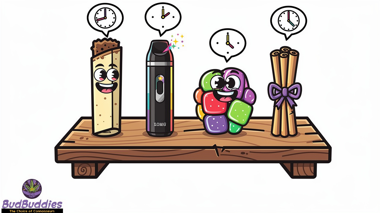 Cartoon comparison of joints, vapes, edibles and pre-rolls