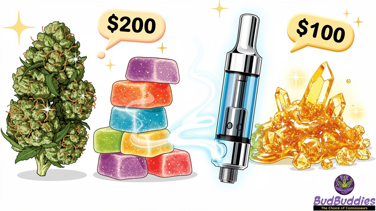 Cartoon illustration of four cannabis product formats compared visually