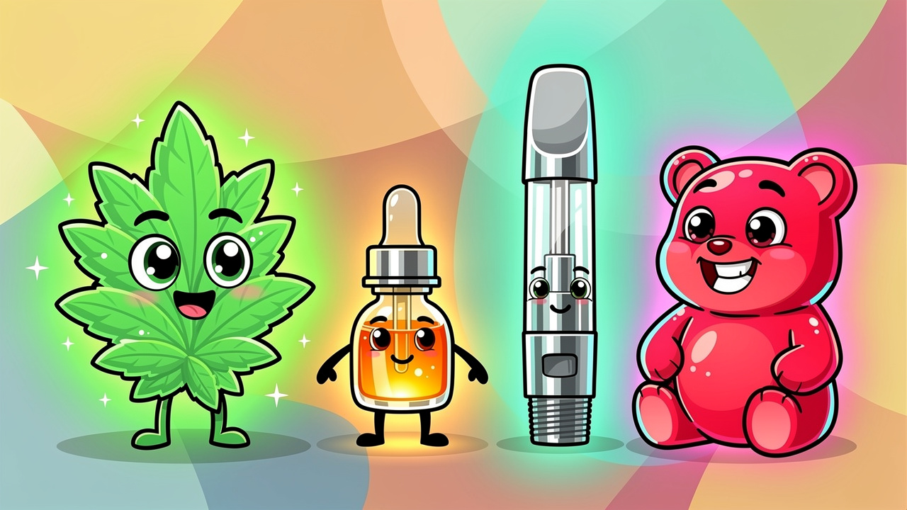Cartoon comparison of cannabis flower oil vape edibles