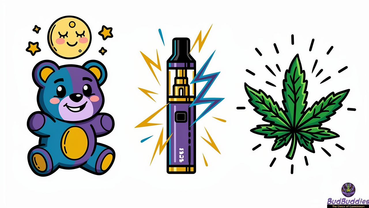 Cartoon comparison of gummies, vapes and cannabis flower formats