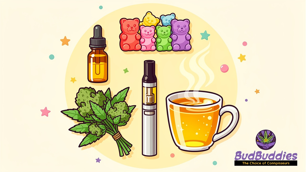 Cartoon flat-lay of five different CBD cannabis product formats