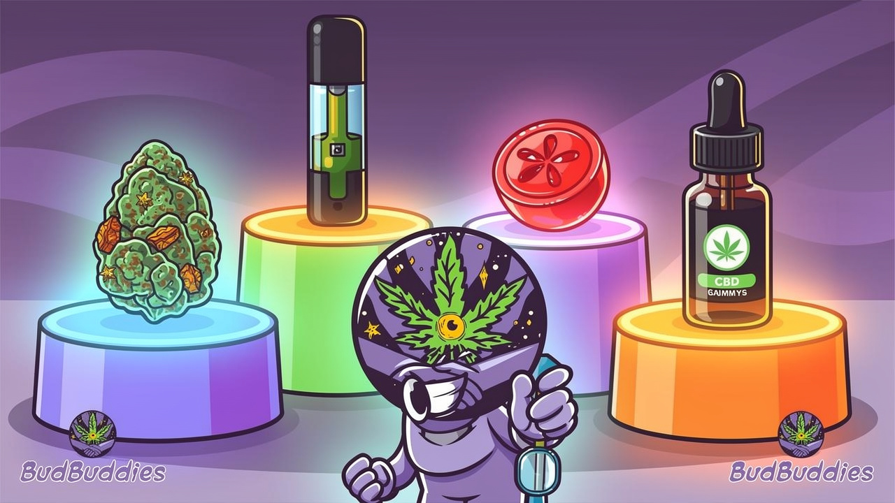 Cartoon character choosing between different cannabis product formats