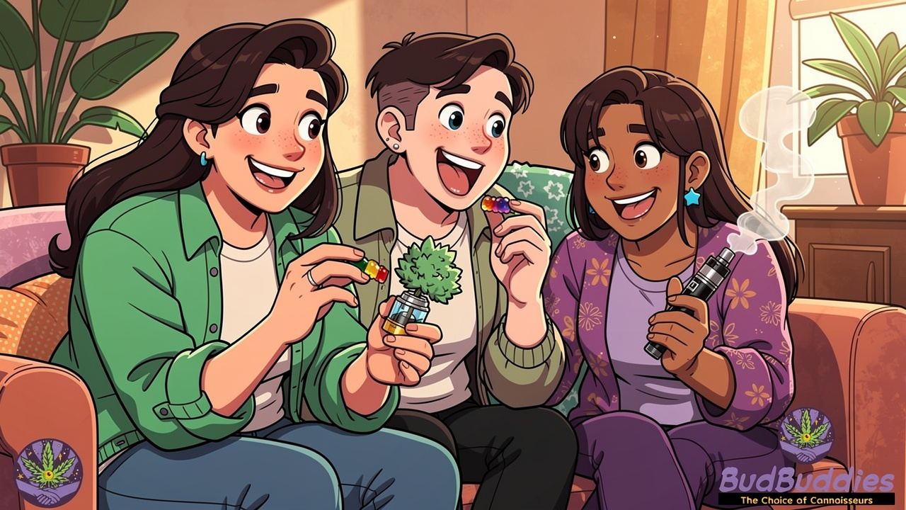 Cartoon characters enjoying flower, edibles, and vape cannabis formats