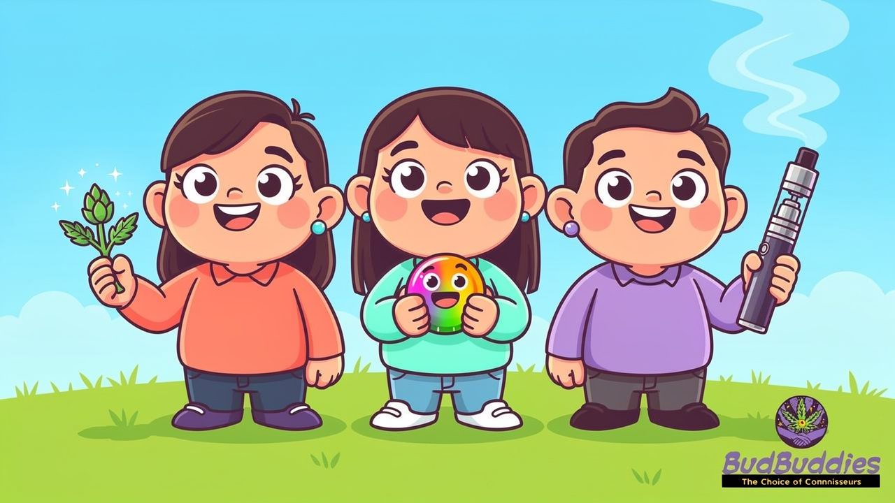 Cartoon characters holding flower, edibles and vape formats