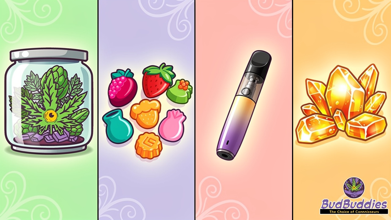 Cartoon illustration of four cannabis product formats compared