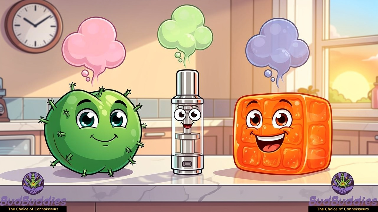 Cartoon cannabis flower vape and edible characters on kitchen counter