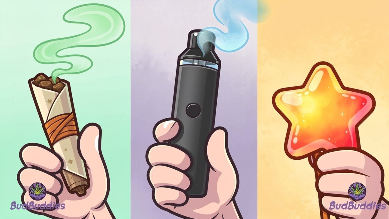 Cartoon characters holding flower vape and edible cannabis formats