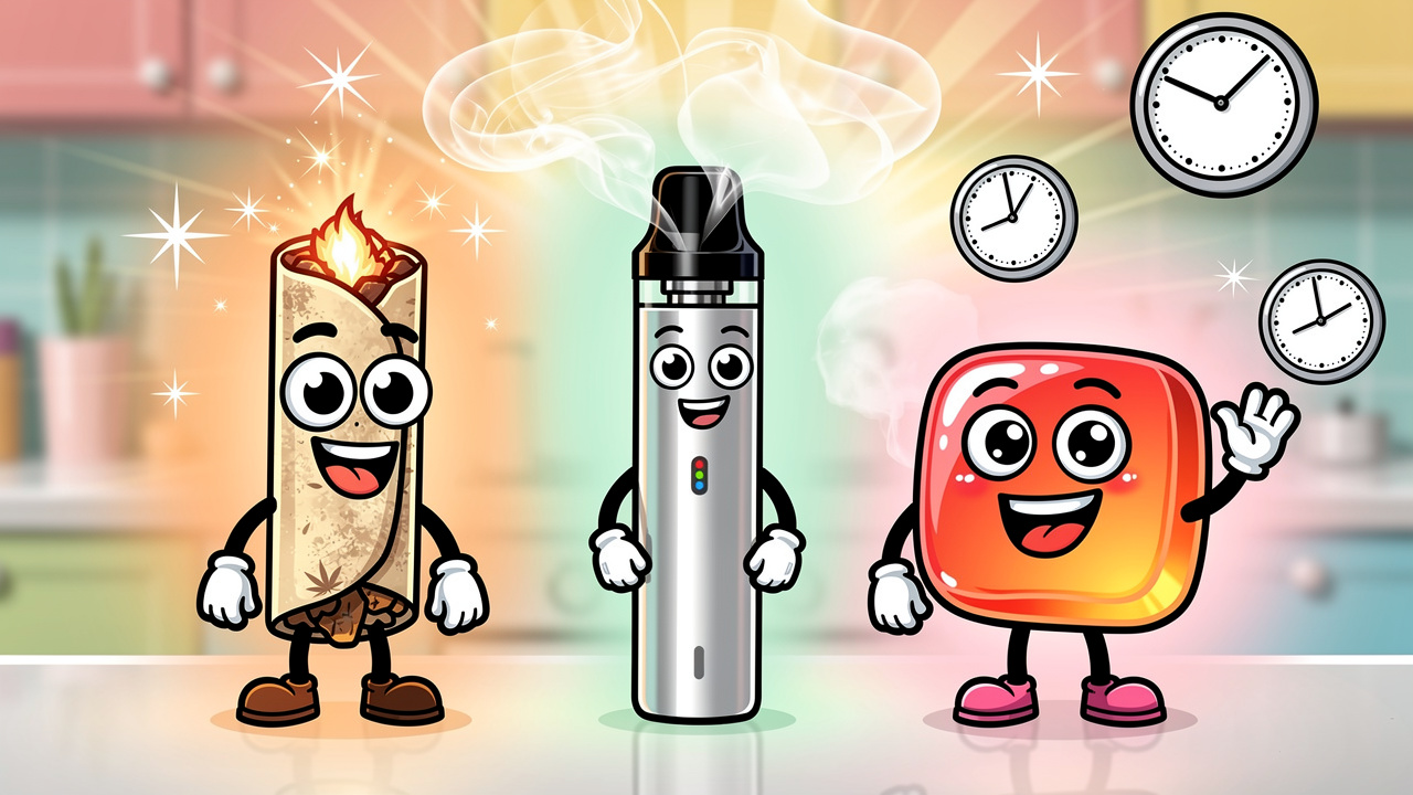 Cartoon comparison of cannabis flower vape and edibles formats