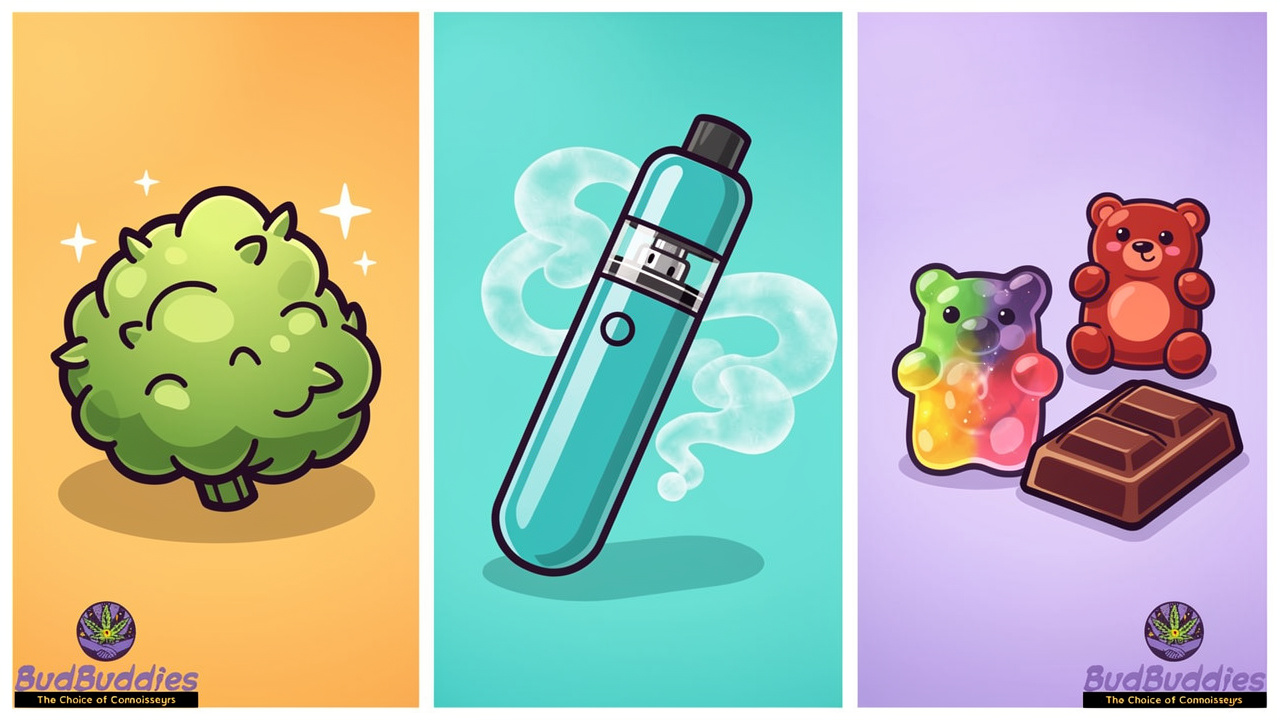 Cartoon comparison of flower, vape, and edibles formats