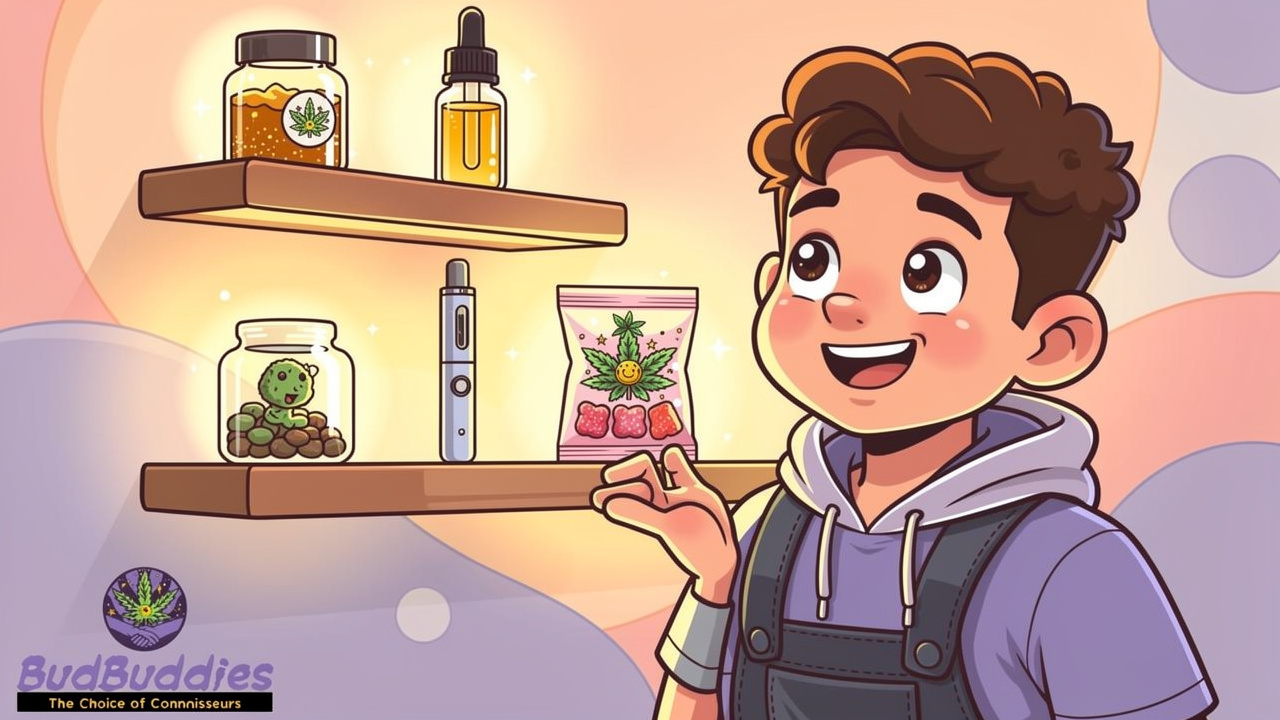 Cartoon character choosing from various cannabis product formats