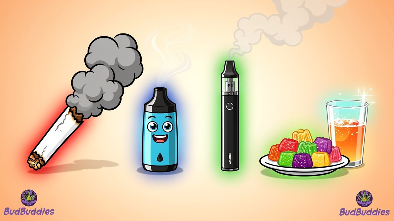 Cartoon comparison of cannabis formats and indoor alarm risk