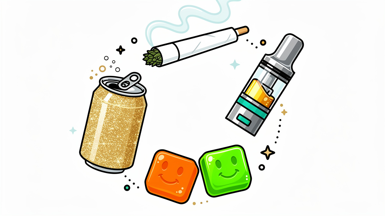 Cartoon cannabis formats including flower vape edibles and drinks