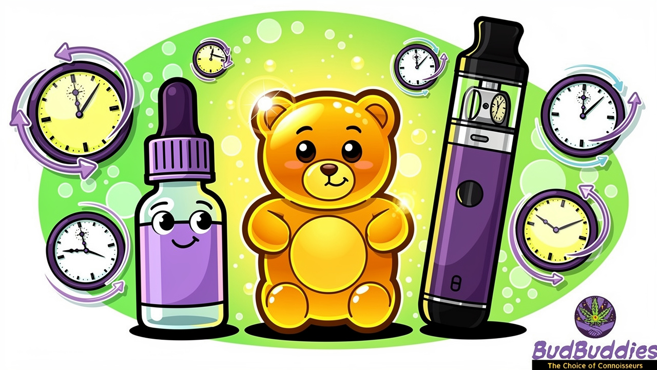 Cartoon showing CBD oil drops gummies and vape pen