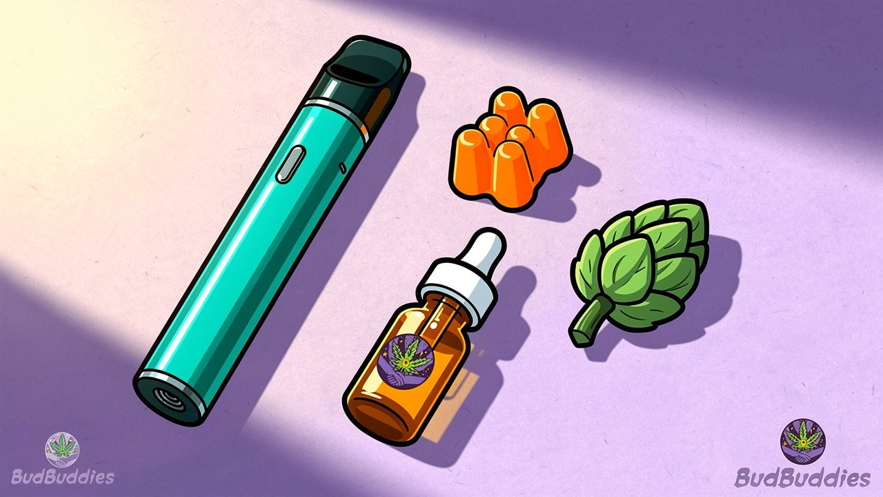 Cartoon cannabis formats vape edible tincture and flower