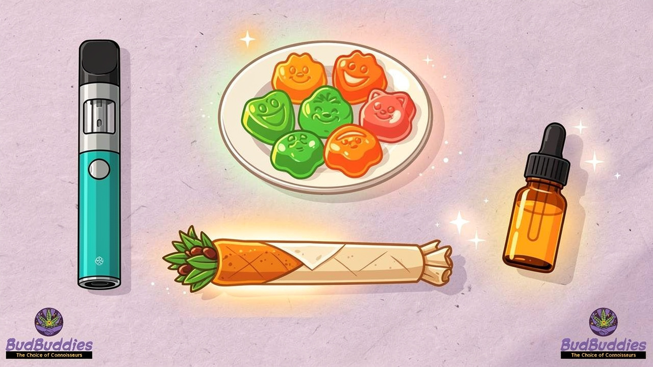 Cartoon illustration of cannabis product formats for relaxation