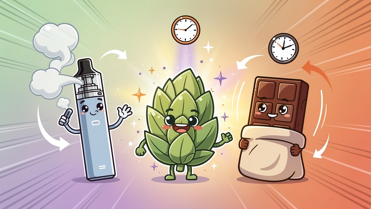 Cartoon showing cannabis vape, flower, and edible options