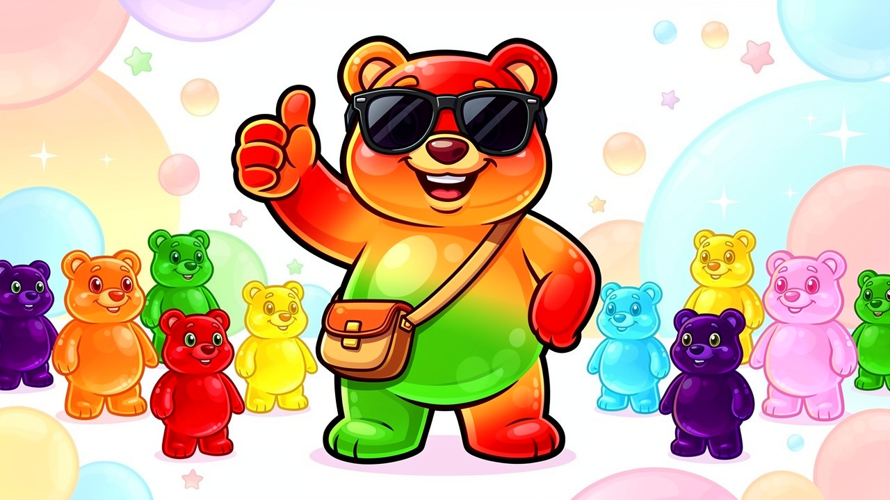 Cartoon gummy bear character representing portable cannabis gummies