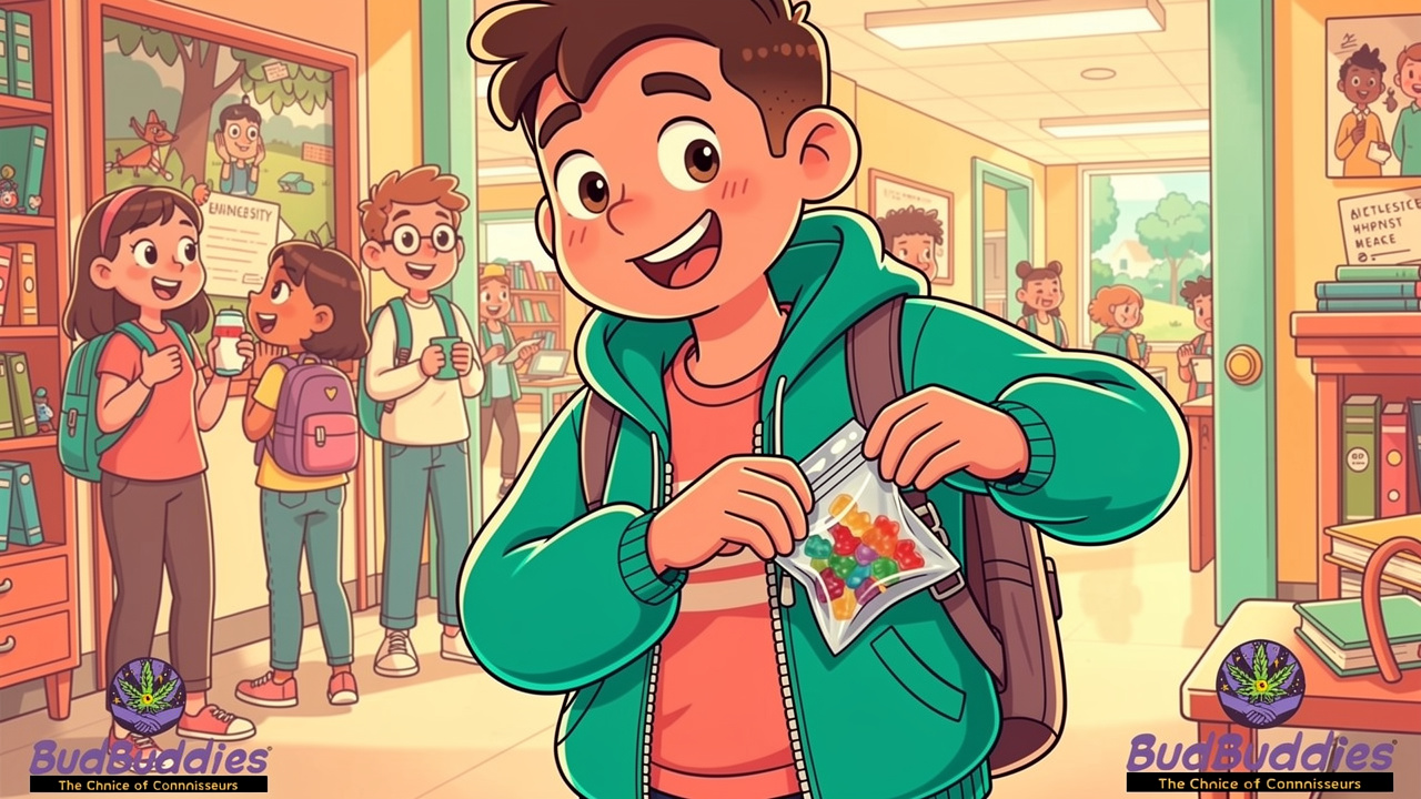 Cartoon student discreetly pocketing cannabis gummies in university corridor
