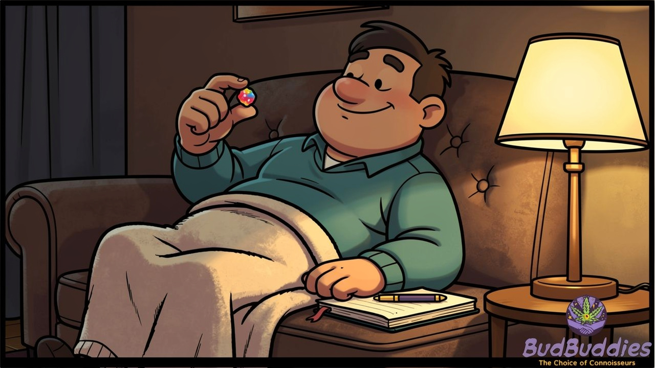 Cartoon character relaxing on sofa with a single cannabis gummy