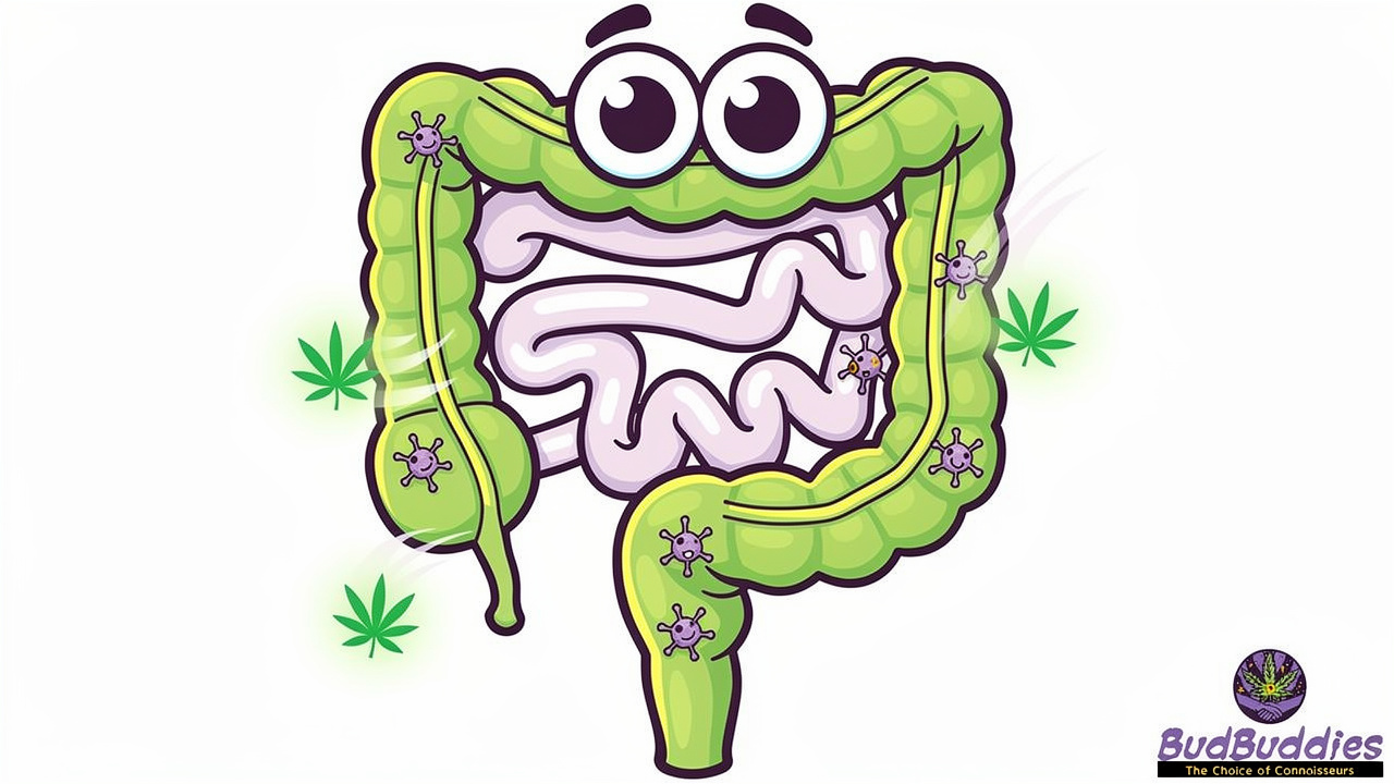 Cartoon gut character interacting with cannabis leaf icons