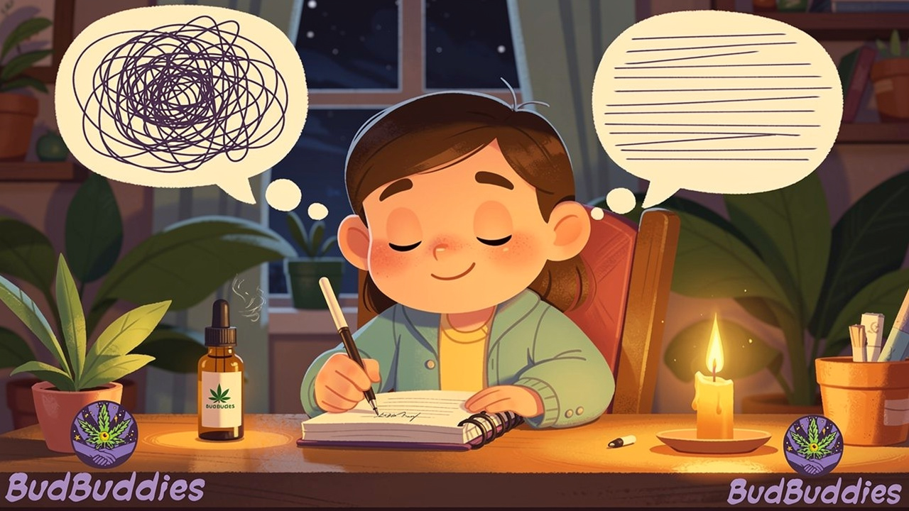 Cartoon character journalling peacefully alongside cannabis oil