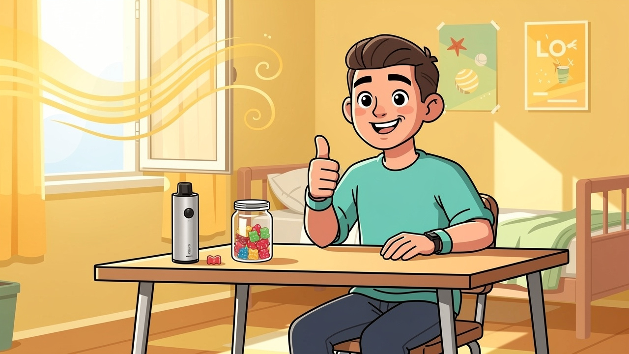 Cartoon student confidently managing cannabis smell in a halls room