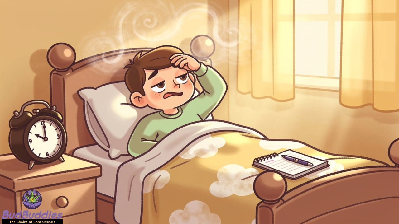 Cartoon student experiencing morning grogginess after cannabis use