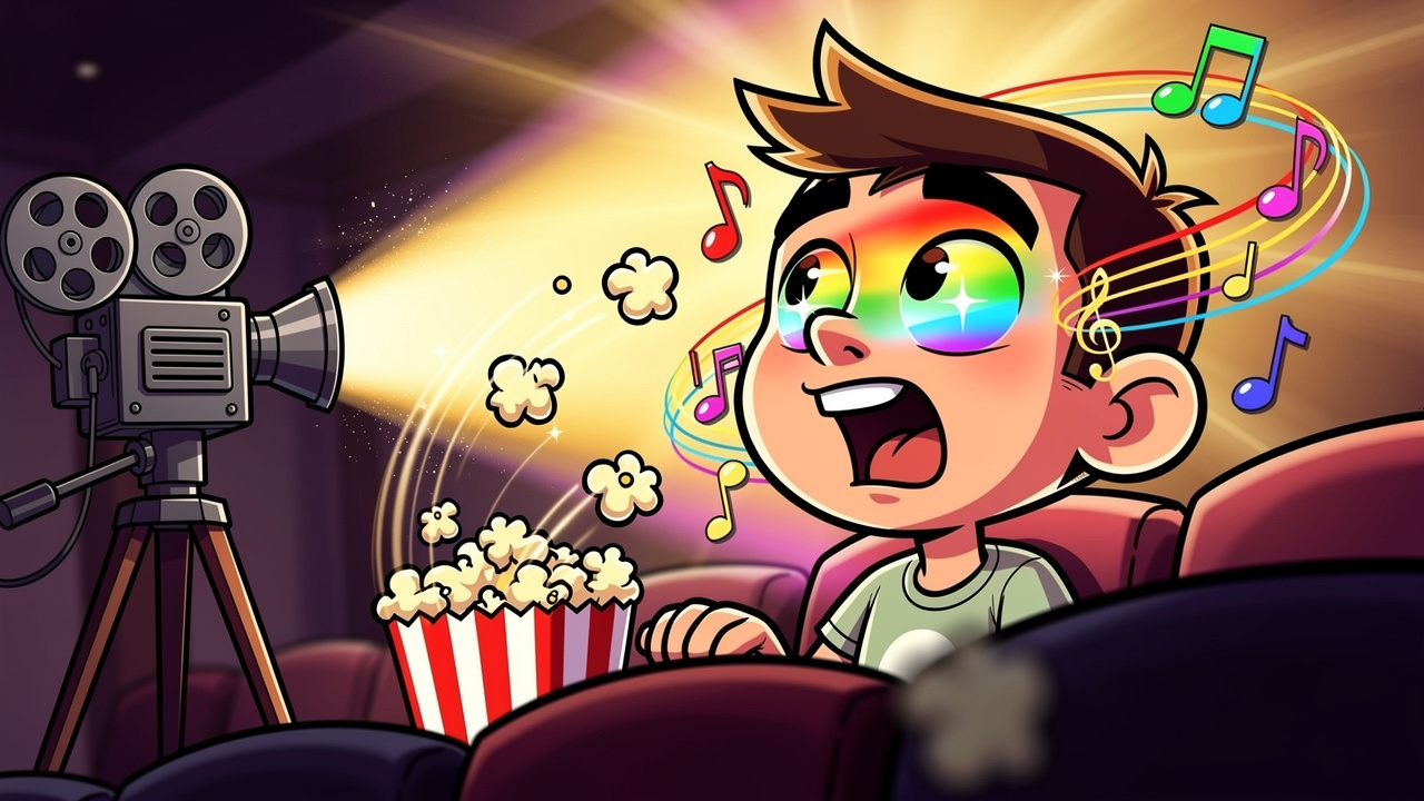 Cartoon character experiencing vivid sound and colour in cinema