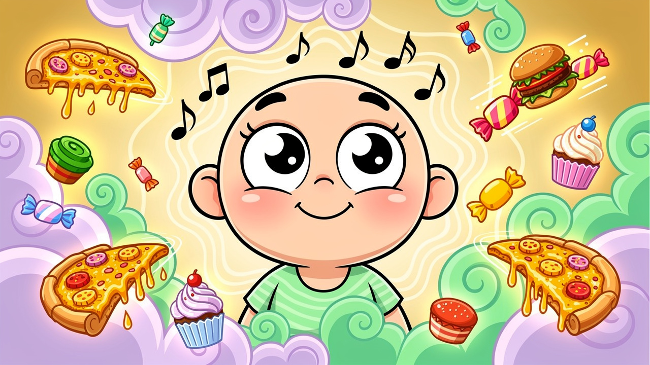 Cartoon character experiencing gentle cannabis high with swirling colours