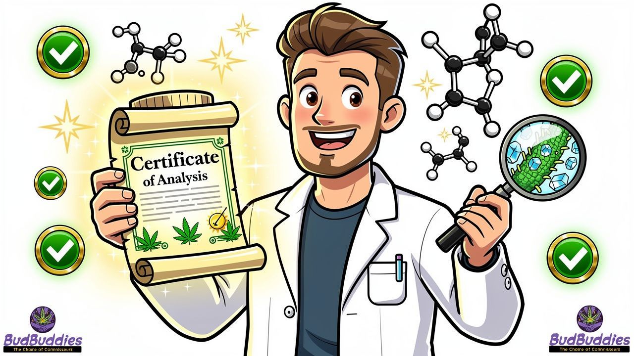 Cartoon scientist checking cannabis lab certificate of analysis for quality