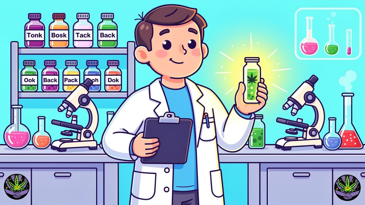Cartoon lab technician checking cannabis product quality