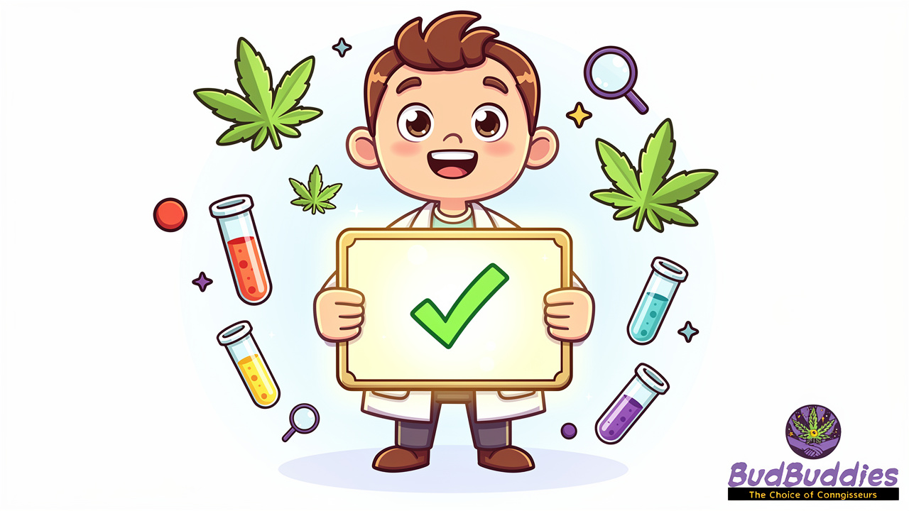Cartoon scientist holding cannabis lab quality certificate