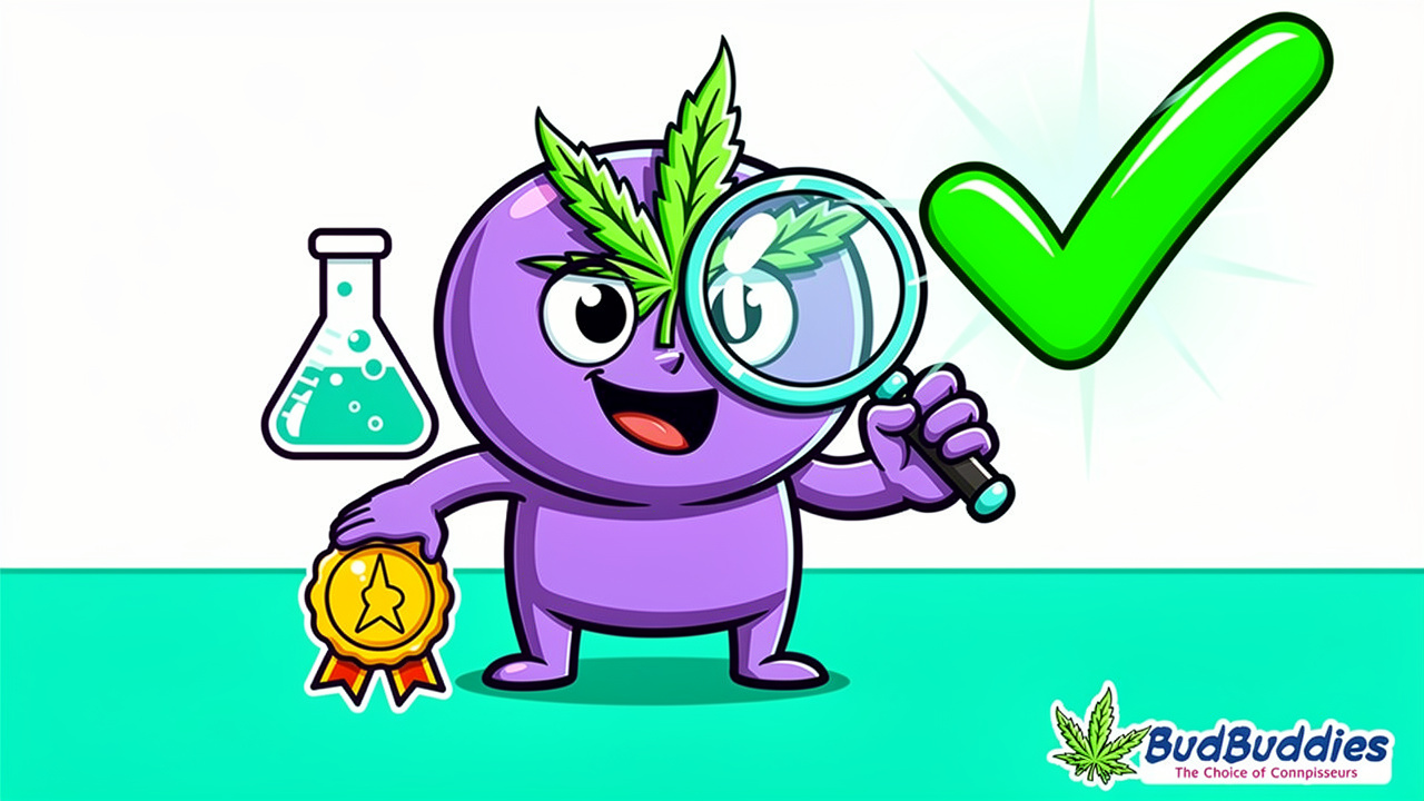 Cartoon character verifying cannabis product quality and lab results
