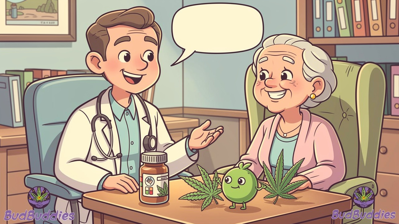 Cartoon doctor and patient discussing cannabis and blood pressure medication