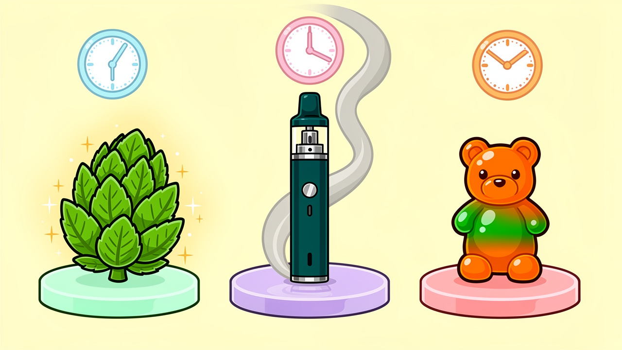 Cartoon comparison of cannabis flower, vape pen, and edibles