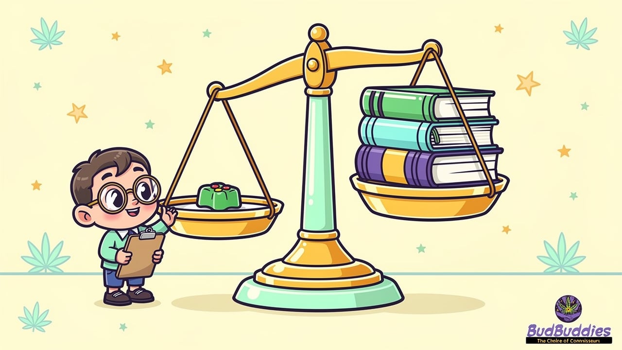 Cartoon student microdosing cannabis balanced against studying