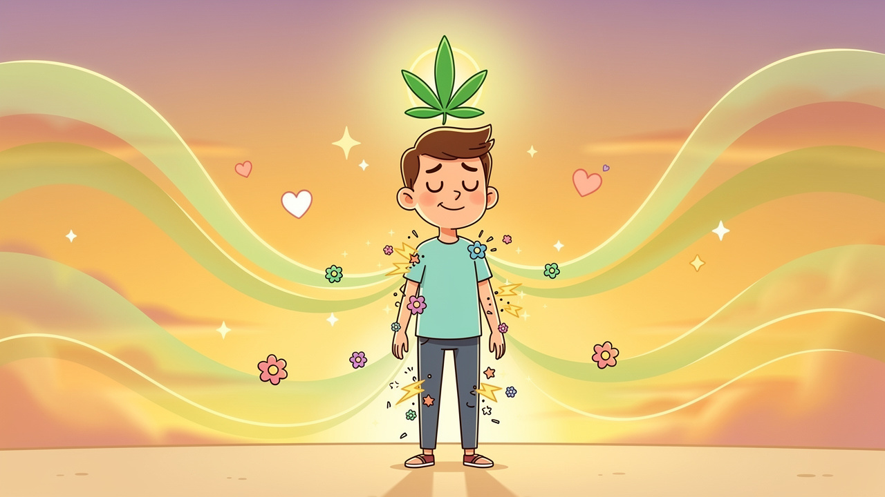Cartoon character relieved after cannabis migraine treatment