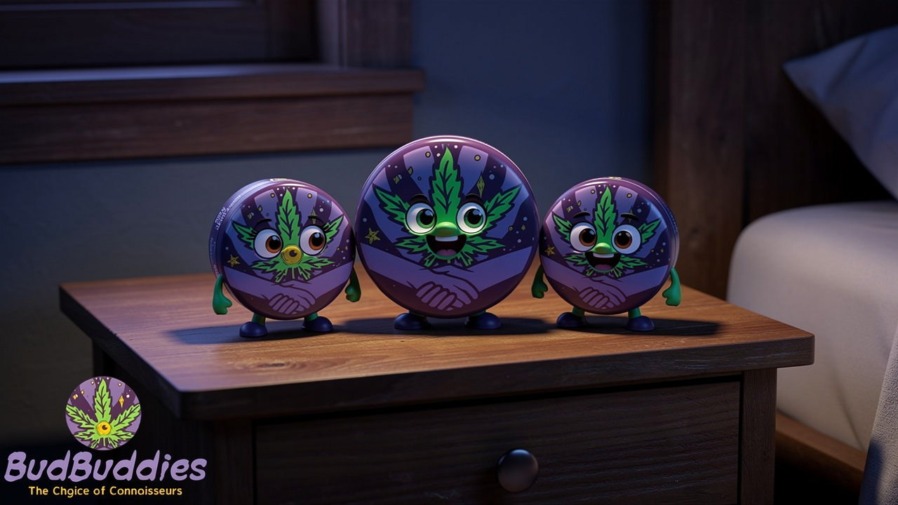 Cartoon cannabis products for night-time use on nightstand