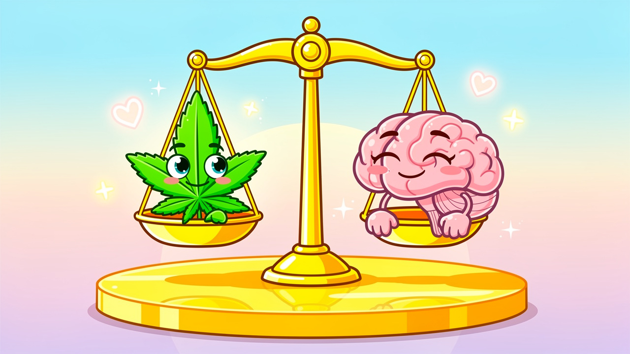 Cartoon balance scale showing cannabis and OCD wellbeing equilibrium